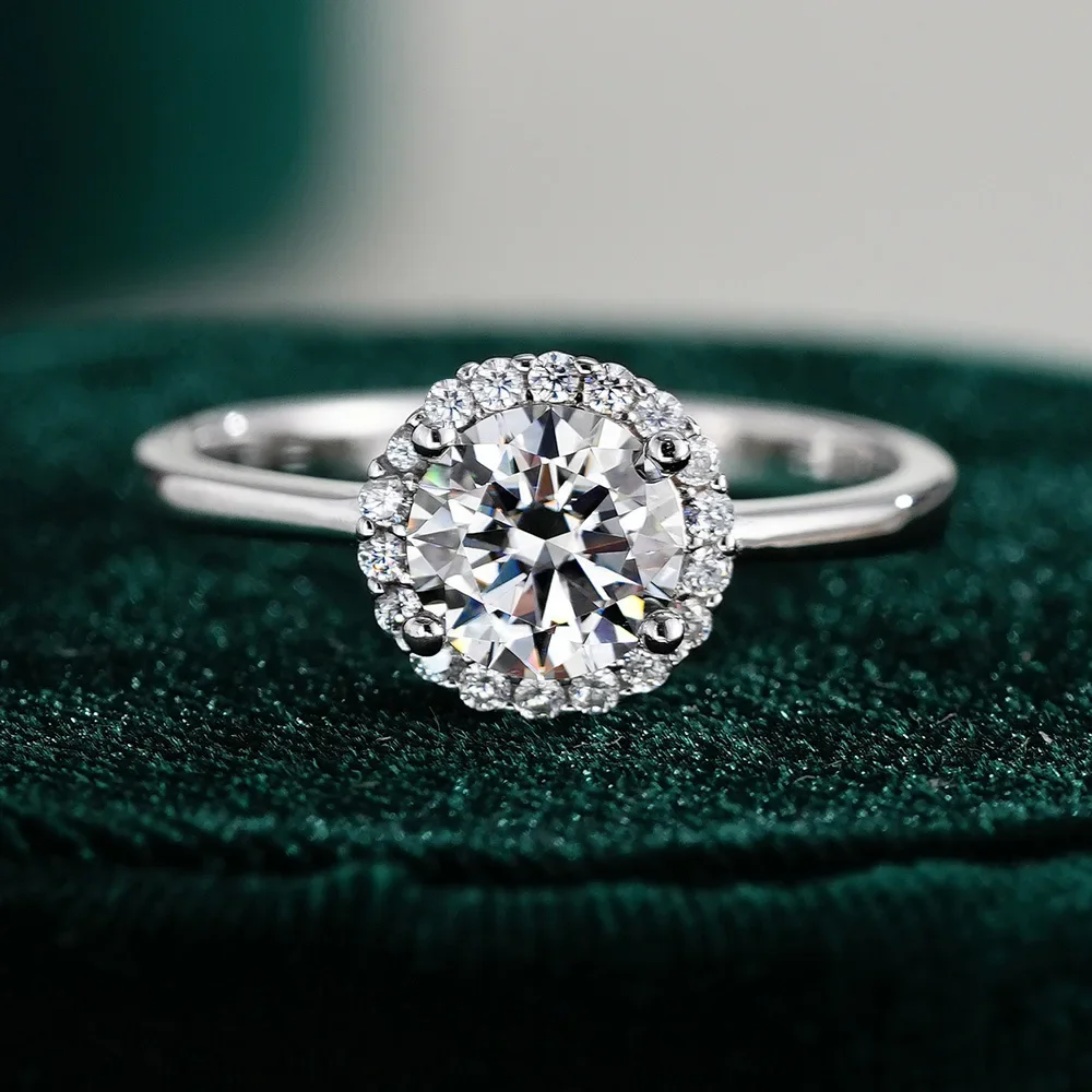 Lumira Four-Prong Round Wrapped Platinum PT950 Women's Ring 1 Carat D Color Luxury Cluster-Set Moissanite Wedding Ring