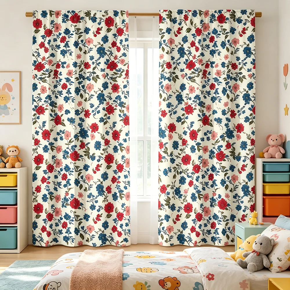 2PCS Digital Printed Curtains, Red Blue Ditsy Floral Vintage Cottage, Rod Pocket Window Drapes for Living Room Bedroom Decor