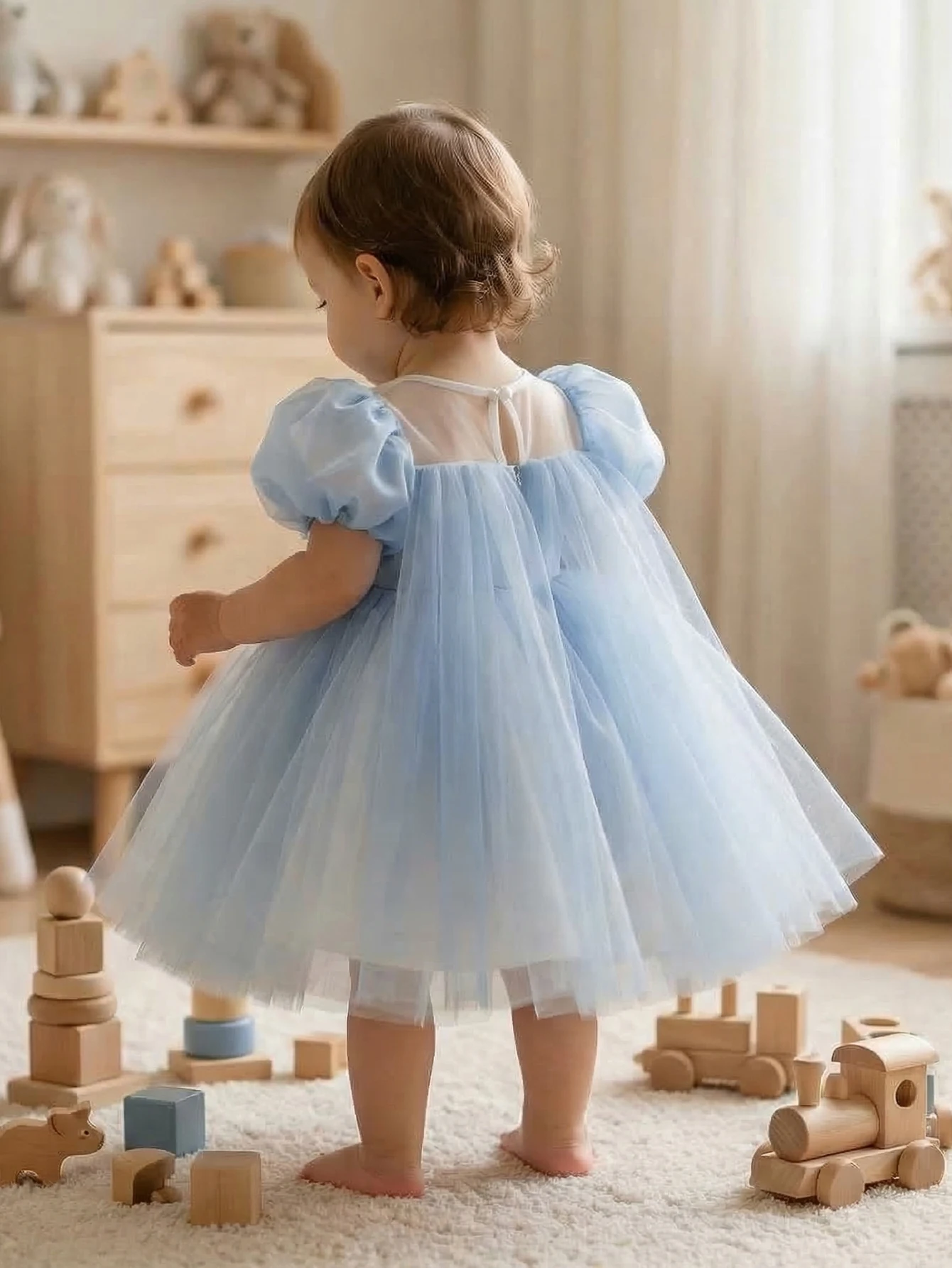 Baby Girls Blue Bubble Sleeve Bow Gauze Capes Dress with Netting Elegant Party Dress for Girls,Daily Wear,Vacation Party,Wedding