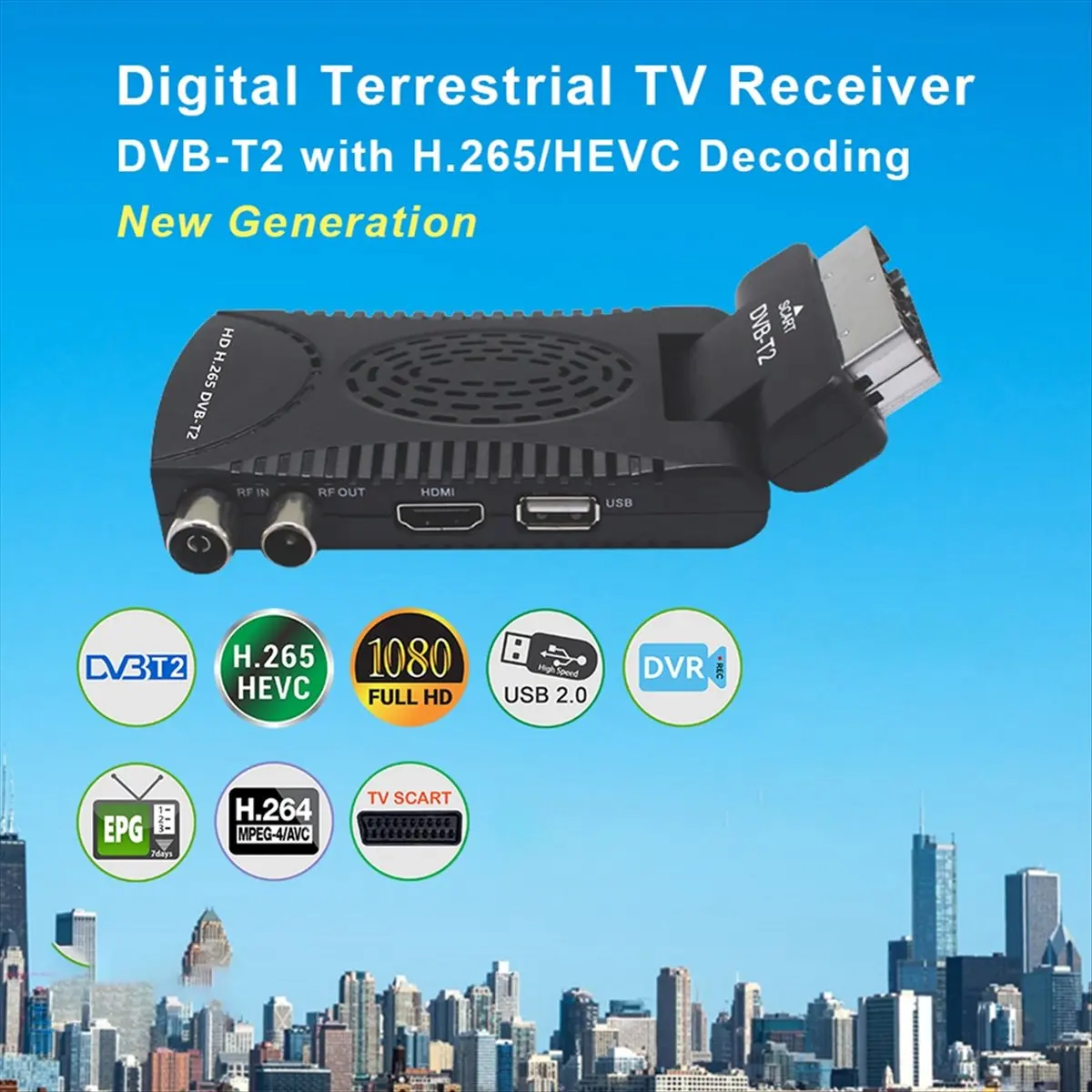 BEST CHOICE）DVB-T2 Full HD Digital Terrestrial TV Decoder with 265/HEVC Decoding EPG Set Top Box EU Plug