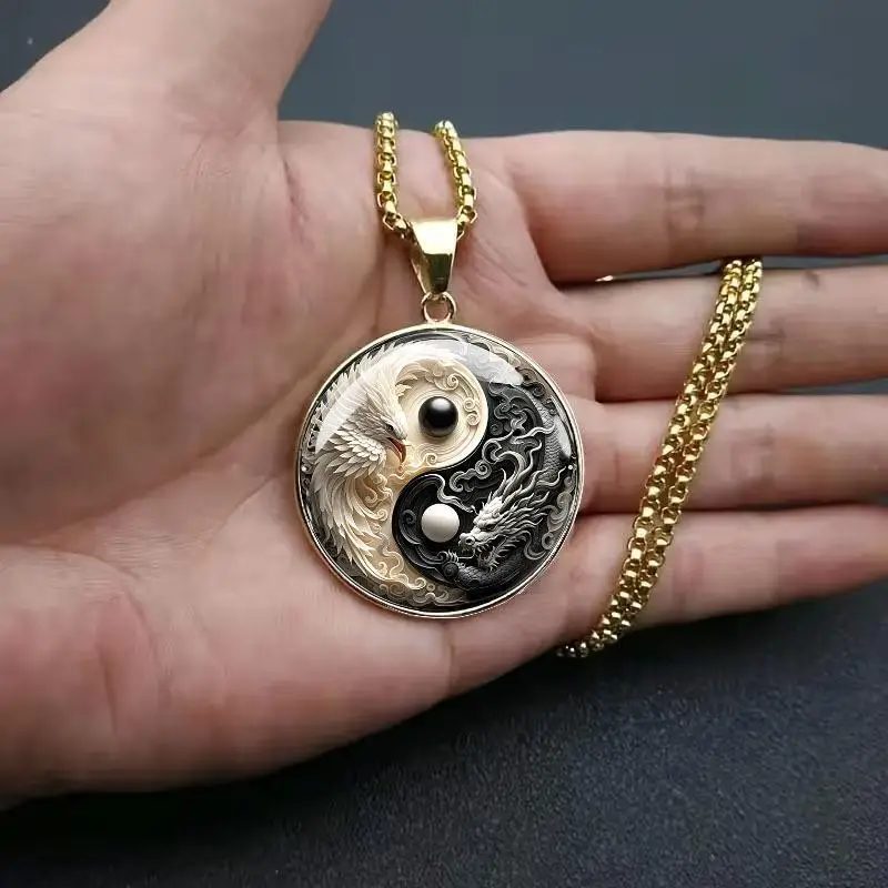 Fashion Glass Time Gem White Phoenix Dragon Talisman Keychain Yin Yang Fish Round Glass Pendant DIY Necklace Party Gift