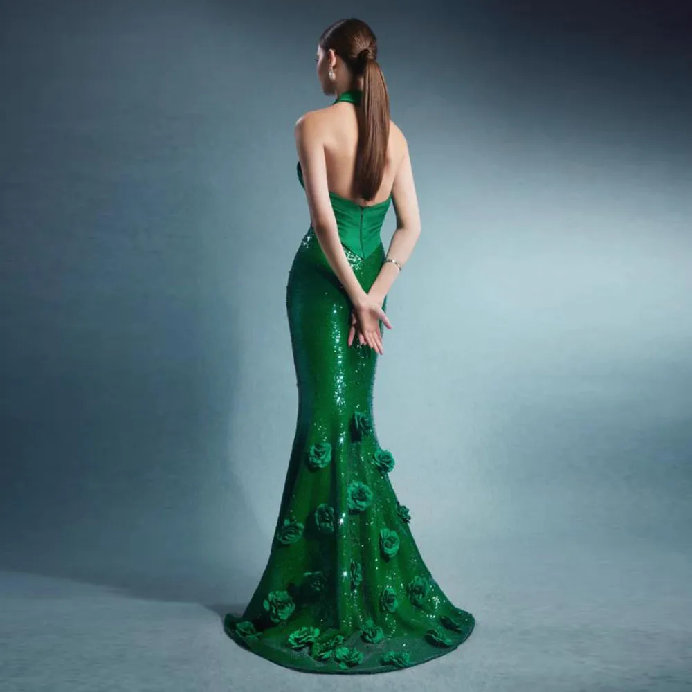 Customized Green Sequin Evening Dresses Halter Backless Mermaid Formal Bantique Dress 3D Flower Special Occasion Gowns