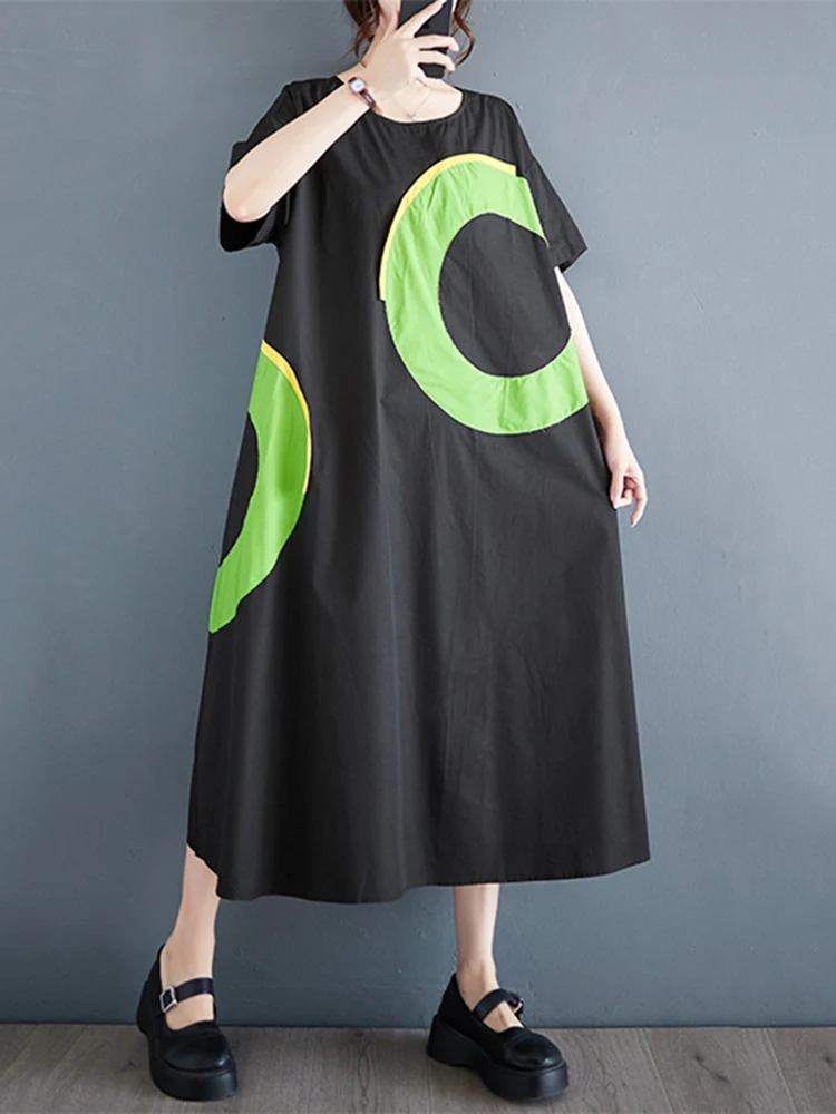 2023 Summer New In Black Vintage Patchwork Dresses For Women Short Sleeve Loose Casual Long Dress Robe Fashion Elegant Clothing