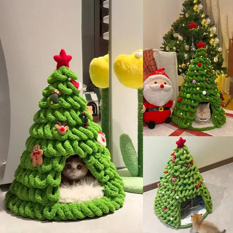 Winter Christmas Tree Cat Nest Handmade Diy Material Winter Warm Semi-enclosed Dog House Felt Cone Pet House