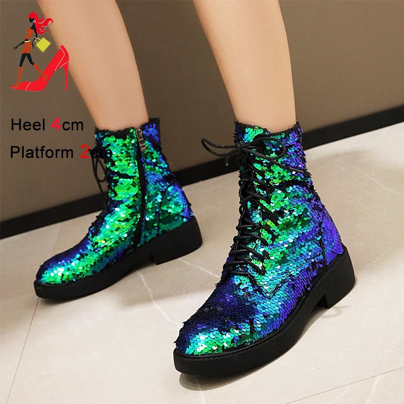 Discoloration Sequined Cloth Short Boots For Women Short Plush Autumn Winter Low Heel Round Toe Shoes Zipper Glitter Ankle Boots