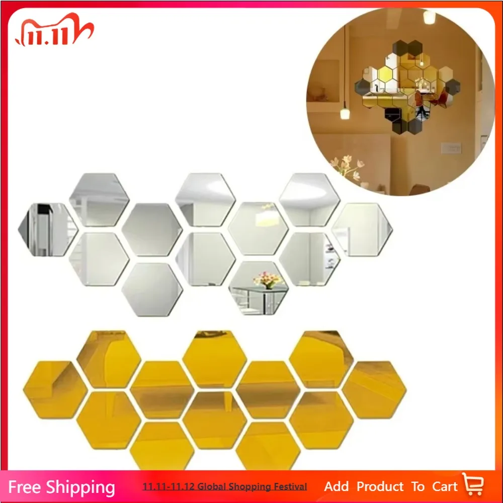 

6/12PCS Hex Small Mirror Stickers Acrylic Wall Hexagonal Self-Adhesive Mosaic Tiles for DIY Bathroom 3D Bedroom Home Decor