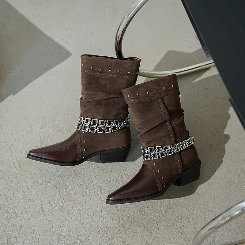 

Genuine Leather Women Ankle boots Vintage Metal Decoration Punk Chelsea Boots Fashion Booties Personality Women Shoes