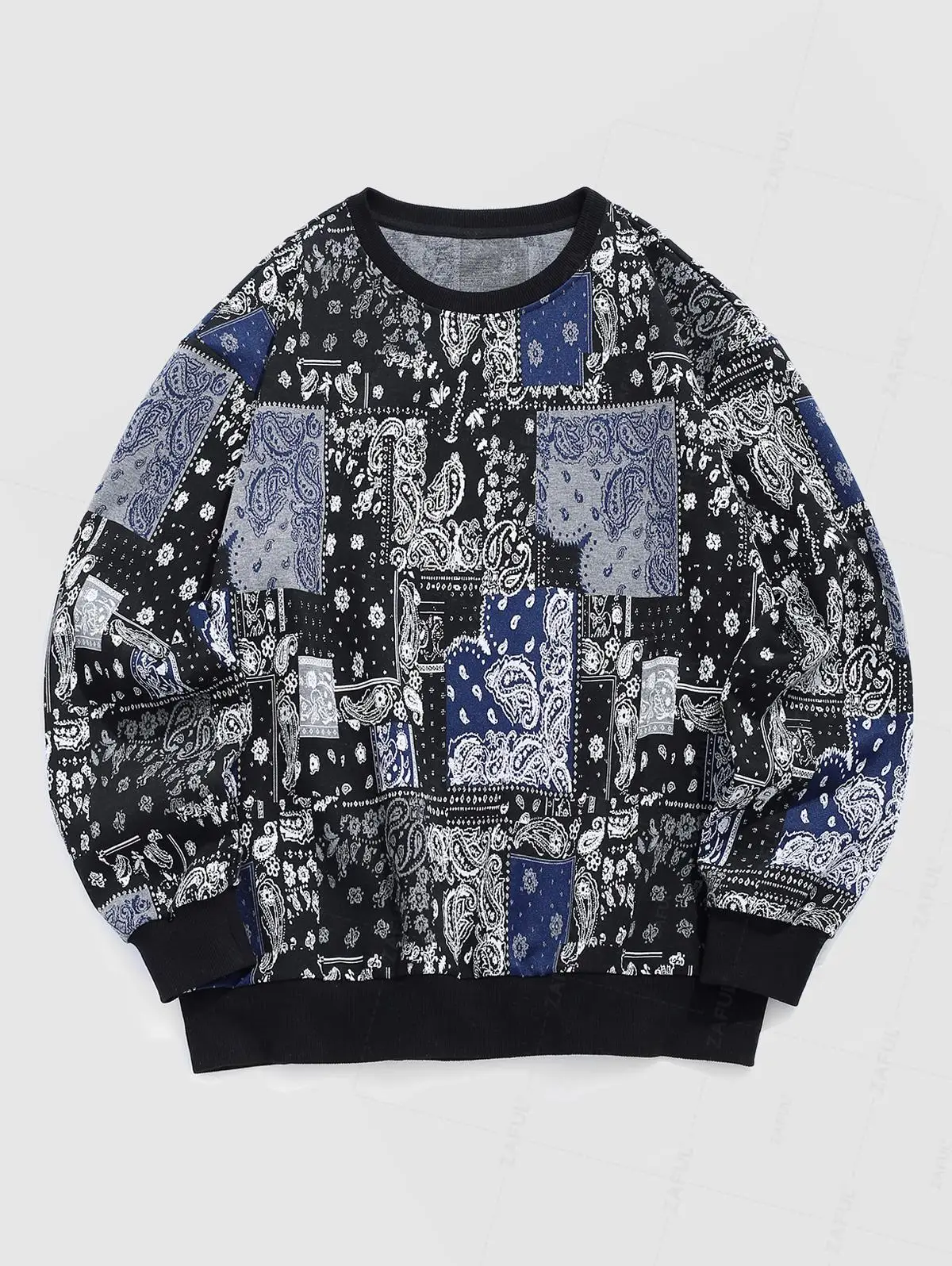 

ZAFUL Men's Ethnic Style Crew Neck Long Sleeve Paisley Printed Jacquard Contrast Ribbed Edge Sweatshirt