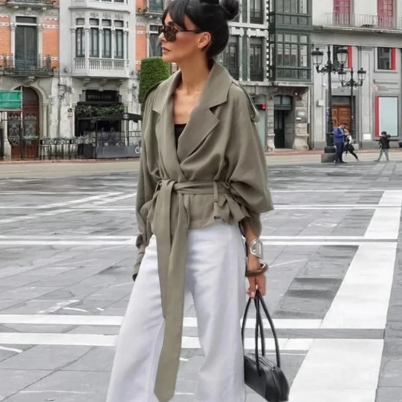 Outcoat nuevo gabardina de otoño con cordones aspecto de gama alta con elegante y versátil chaqueta con personalidad de abrigo europeo americano