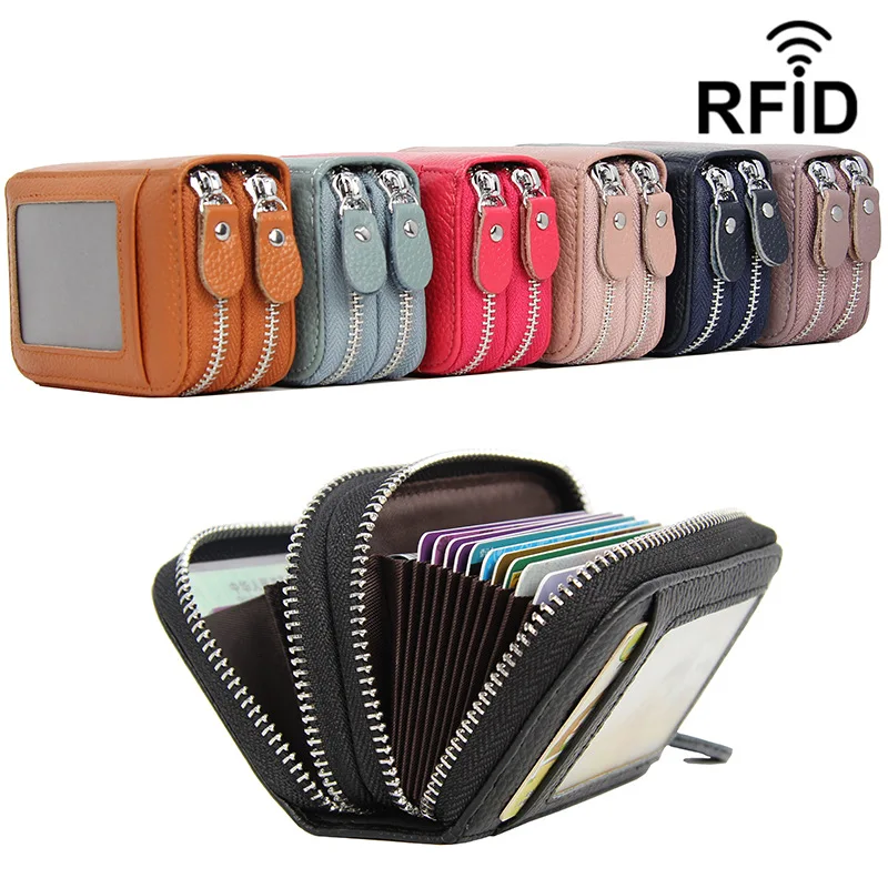 Double Zipper Card Holder RFID Anti-theft Brush Wallet Top Grain Leather Card Bag Multi-slot Large Capacity Change Bag ID Bag