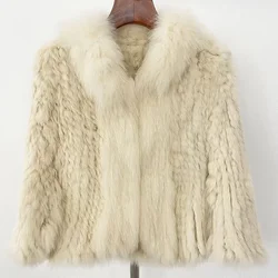 Autumn Winter Knitted Shawl Real Rabbit Fur Coat Natural Fox Fur Collar Fur Jacket 2024 Winter New Natural Real Rabbit Fur Coat