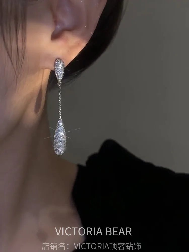 South Korea new design fashion jewelry silver plated zircon long drop earrings luxury women\'s party accessories