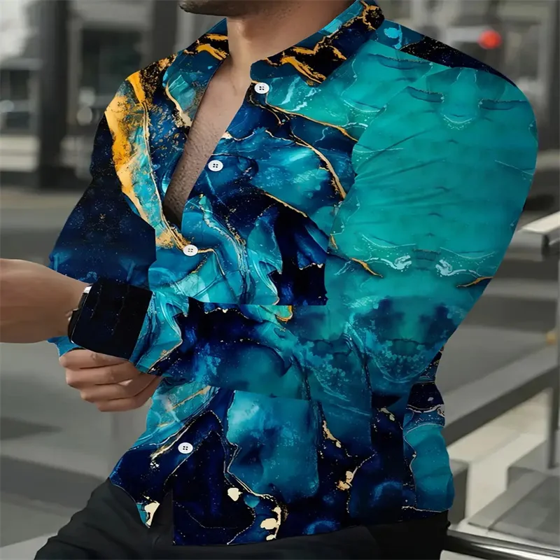 European and American men's personalized casual long sleeved shirt - trendy ink print - single breasted lapel for spr