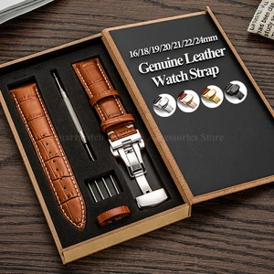 Leather Watch Strap 16mm 18mm 19mm 20mm 21mm 22mm 24mm Width Universal Bracelet Bamboo Band Metal Butterfly Buckle Wrist Band