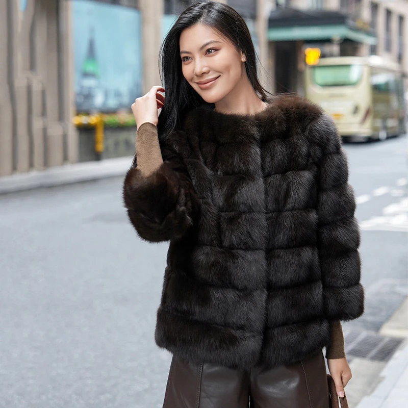 เสื้อโค้ทขนสัตว์เซเบิลรัสเซียนำเข้าฤดูหนาว คอทรงโอ แขนยาว สั้น สีธรรมชาติ สำหรับผู้หญิง ทำจากขนสัตว์เซเบิลแท้