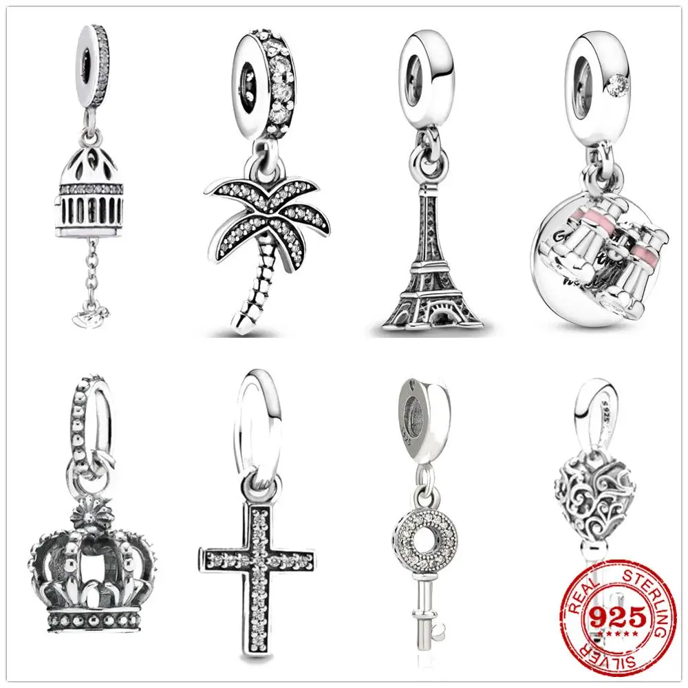 

925 Sterling Silver Sparkling Palm Tree Cross Key birdcage Pandora DIY fine beads Fit Original Pandora Charm Bracelet Jewelry