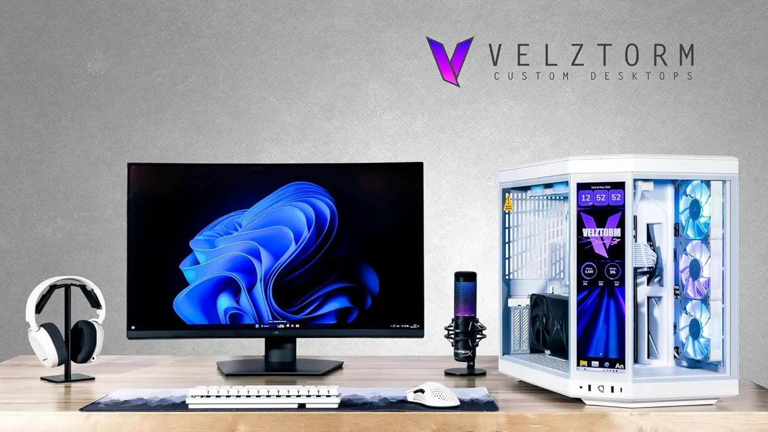 Velztorm LCD White Praetix Custom Built Y70 Touch Gaming Desktop PC (GeForce RTX 5080 16GB, Liquid Cooled Intel i9-14900K, 32GB