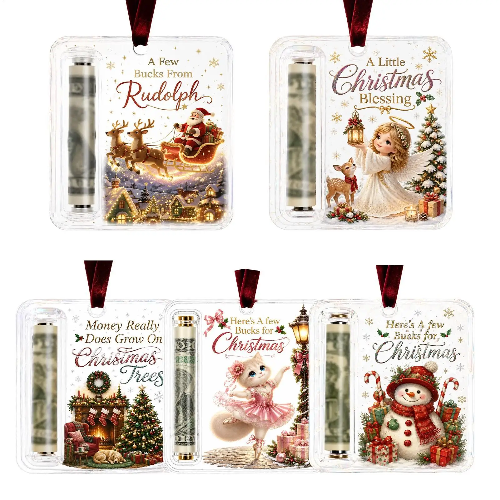 Christmas Cash Holder Acrylic Holiday Tree Ornaments Christmas Money Cards For Kids Boys Girls Sons Daughters Friends Family