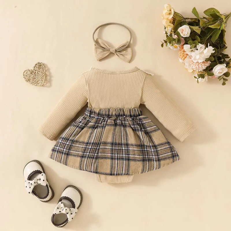 Baby Girls Clothing Long Sleeve Jumpsuits Skirts Khaki Pit Strip Plaid Onesies Skirts with Hairband Spring Autumn Newborn Sets