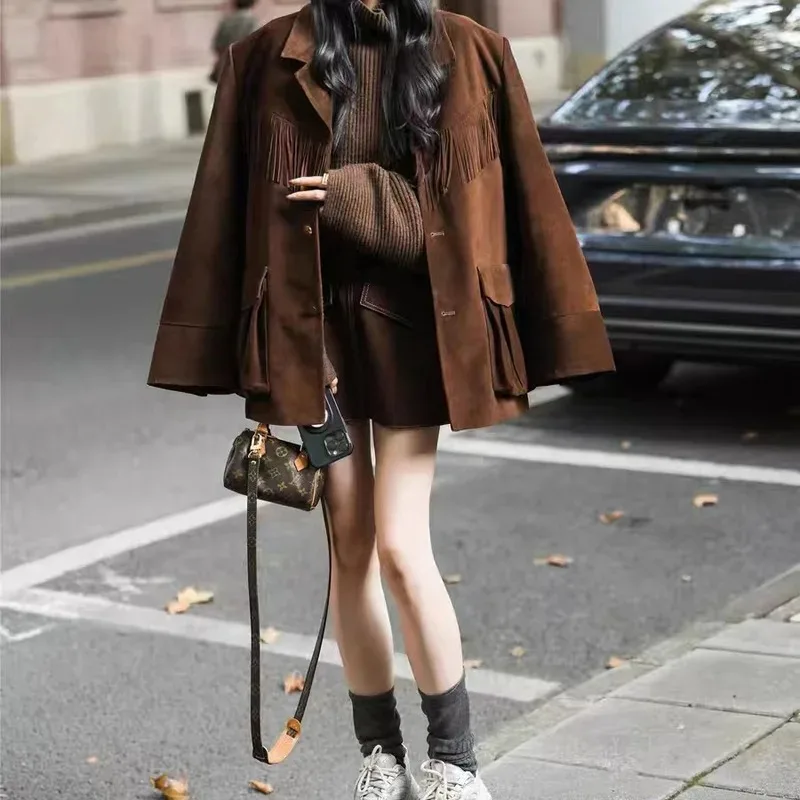 2024 Winter New Sheepskin Suede Jacket Maillard Fashionable Suit E63