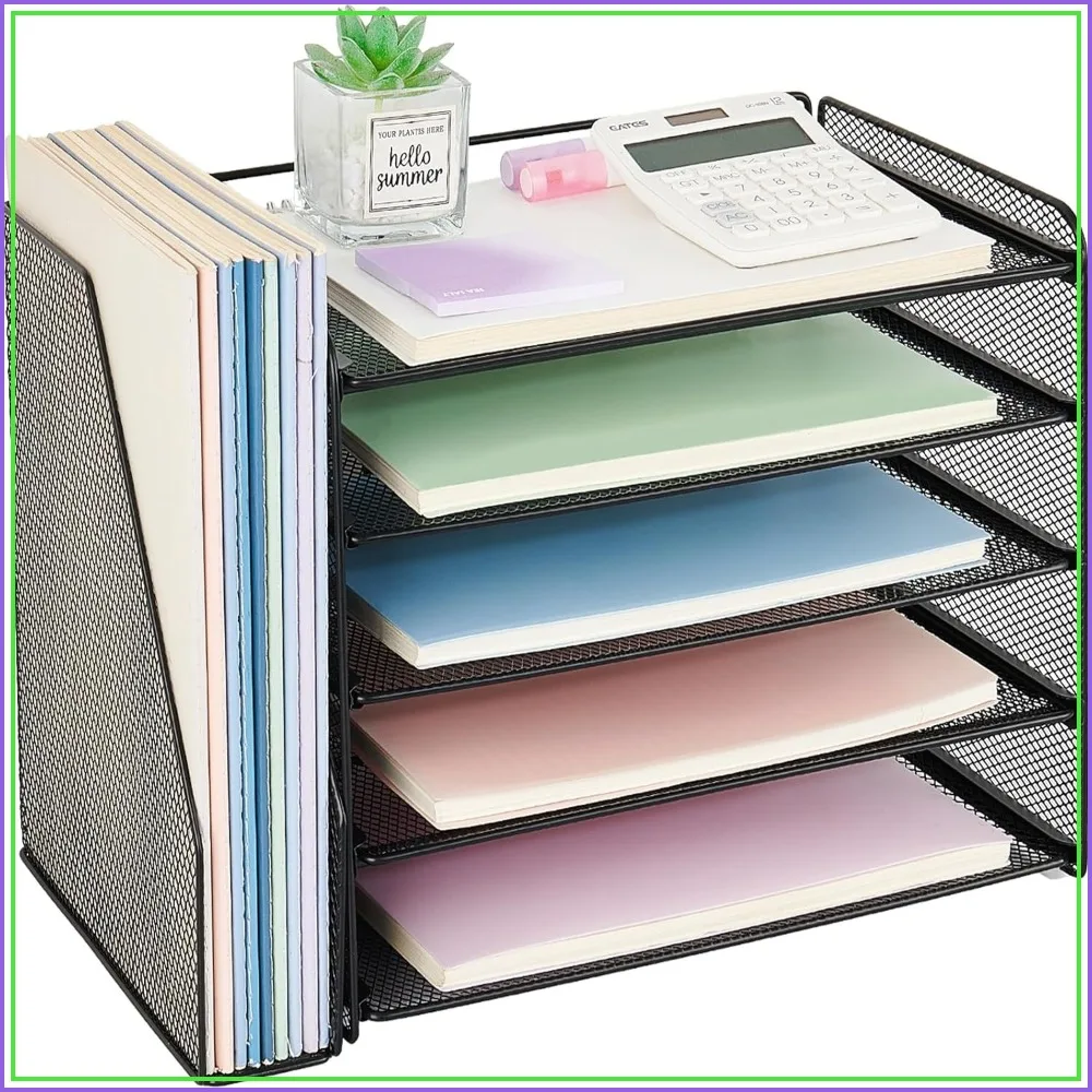 5-Tier Paper Organizer Letter Tray with Magazine Holder, Office Desk Accessories & Workspace Organizers, Desktop File Organizer for Office Supplies, Black