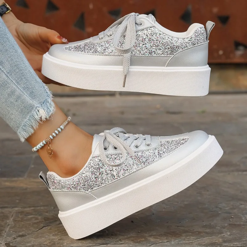 Zapatos de lentejuelas de moda, zapatos casuales para mujer, zapatos de suela gruesa de diseño moderno, calzado para hombre, zapatillas deportivas casuales con cordones.