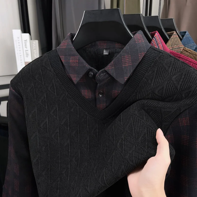 

High End Brand Men's Lapel Fleece-Lined Fake Two Piece Autumn Winter New Arrival Grid Thicken Knitwear Business Leisure Menswear