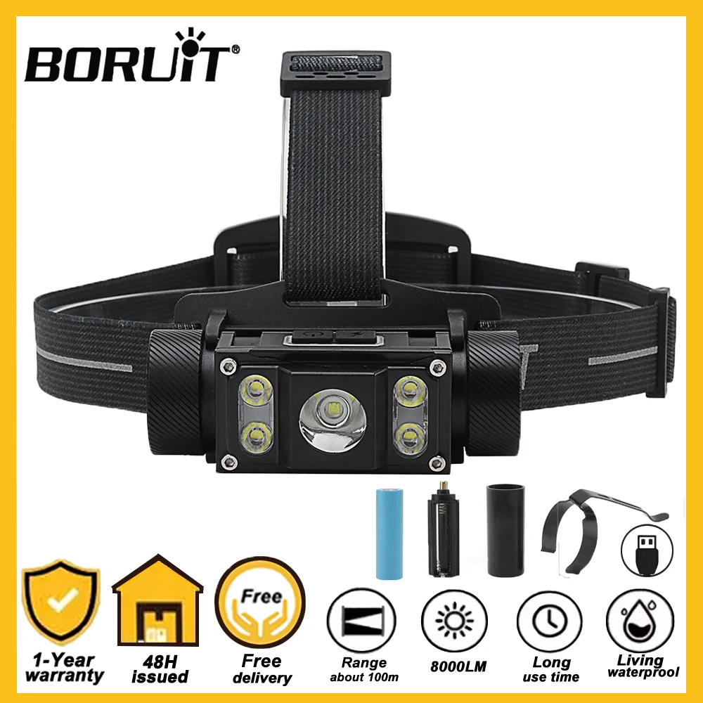 BORUiT 8000LM Powerful LED Headlamp 18650/21700/3A Battery USB-C Rechargeable Head Torch Fishing Work Headlight Camping Lantern