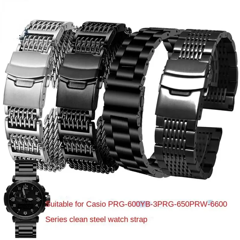 PCAVO For PRG-600YB/PRG-650/PRW-6600 GA2000 Men solid metal stainless steel watch strap accessories 24mmBlack silver Watch Band