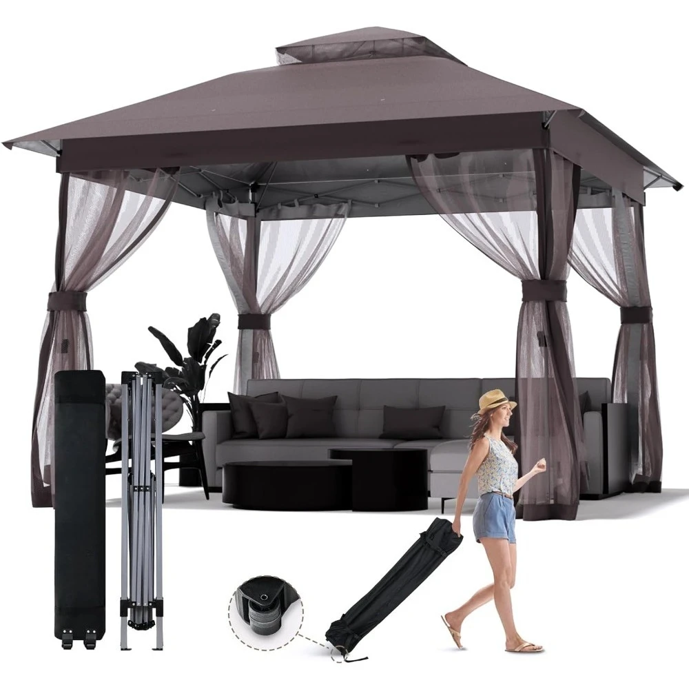 

10x10 Outdoor Pop Up Gazebo - Instant Canopy Tent with Mosquito Nettings, Double Roof Vented Gazebo Canopy Shelter, Pergola