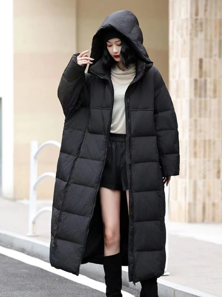 

90% White Duck Puffer Coat Women 2025 New Korean Loose Thickened Warm Fashion Solid Color Hooded Jacket Long Down Jacket Outwear