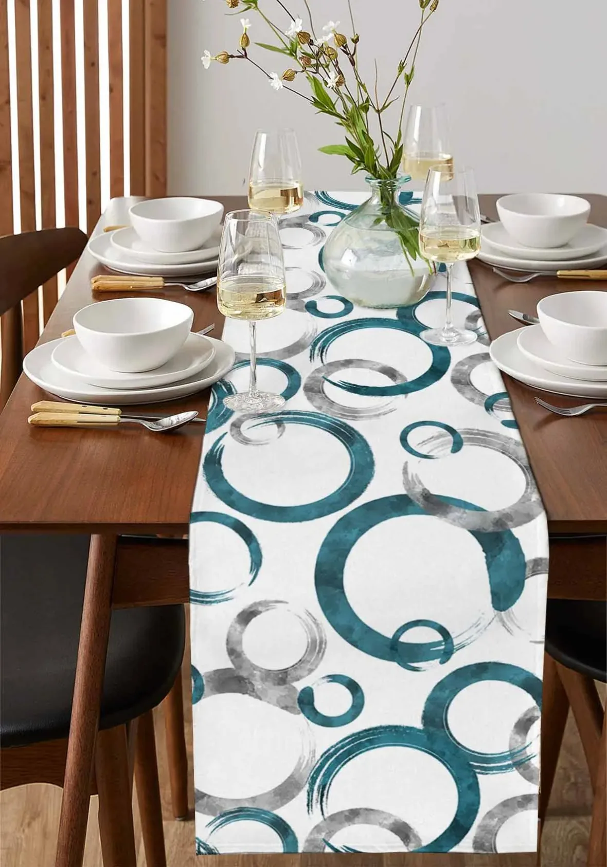 Geometric Paint Circles Blue Gray Table Runner Wedding Decor  Holiday Dining Table Decor Linen Tablecloth