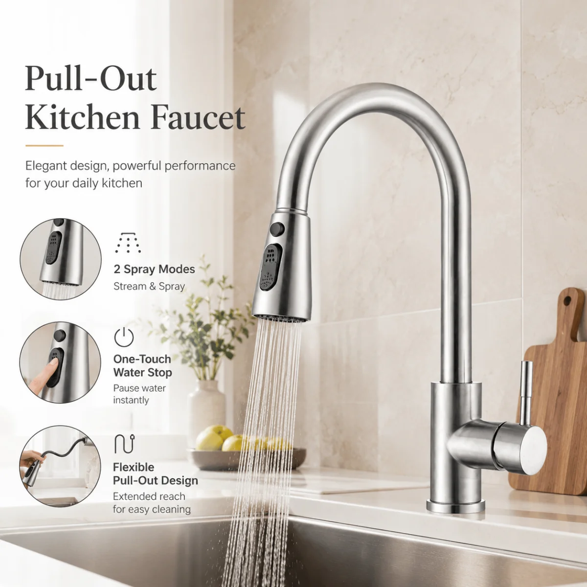 Brushed Pull-Out Kitchen Faucet, Hot and Cold Mixer Tap, 2 Spray Modes, One-Touch Water Stop, 360° Swivel High-Arc Single Handle