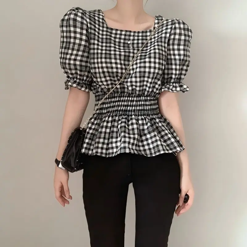 CGC-camisas a cuadros Vintage para mujer, blusas elegantes con mangas abullonadas y cuello cuadrado, Tops informales ajustados, ropa para primavera y otoño 2025