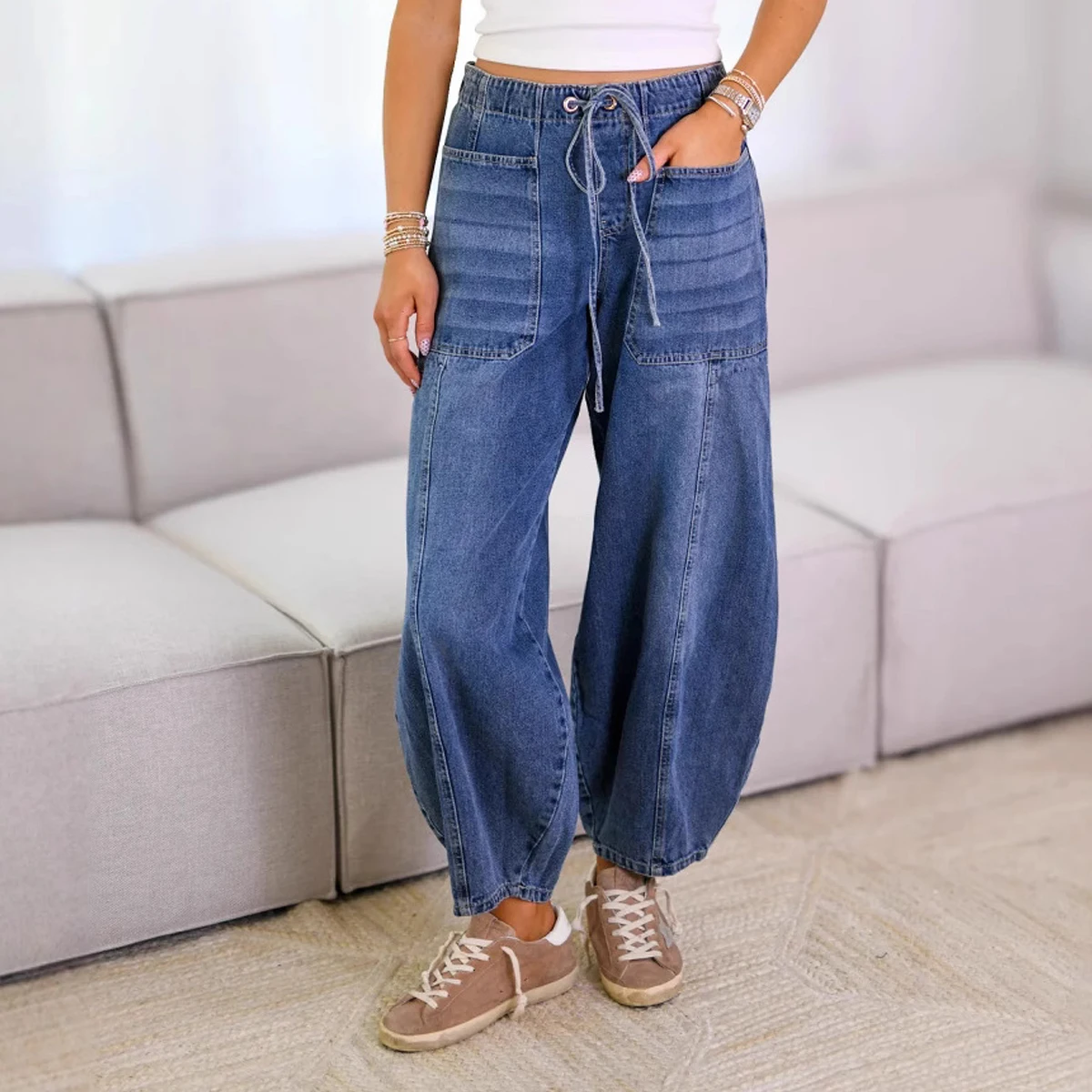 

Jeans Women Long Pants Lace Up High Elastic Waist Big Pocket Mom Denim Straight Trousers Y2k Splice Elegant Streetwear