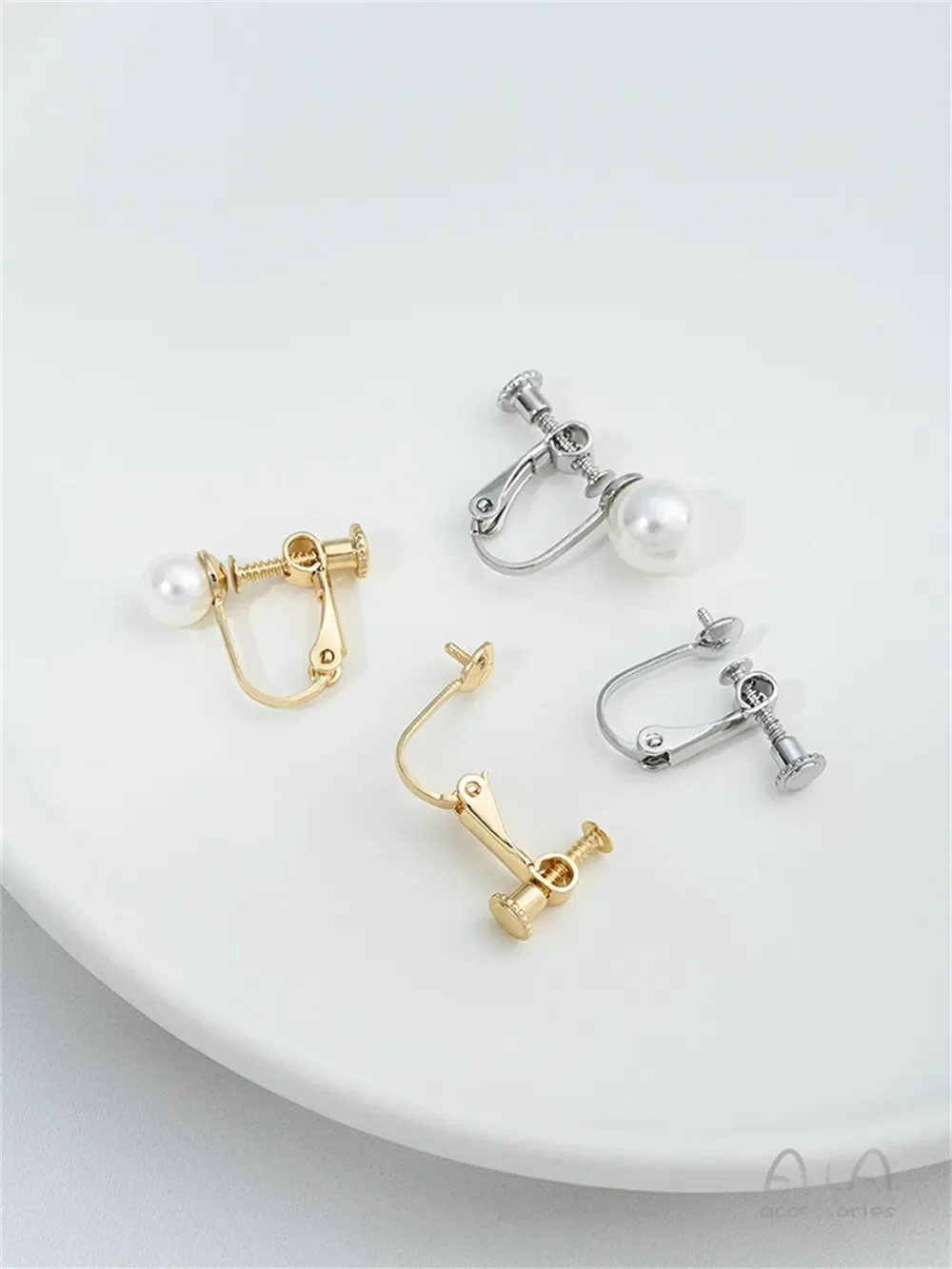 14K Copper Clad Real Gold Half-hole Bead Holder Screw Ear Clip DIY Handmade Pearl Painless Ear Clip Accessories E394