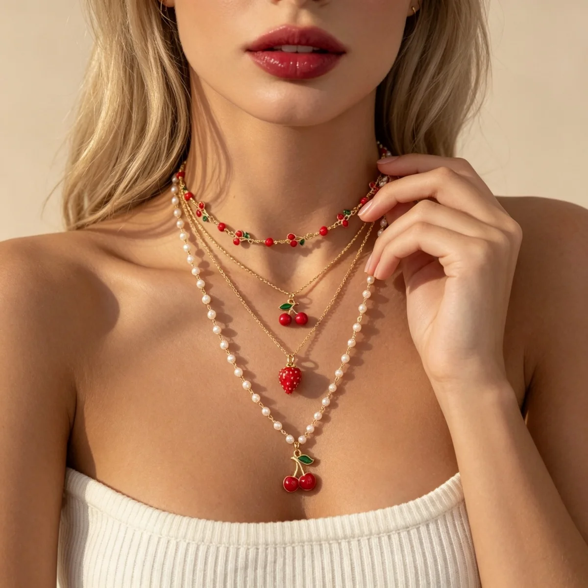 Rote Kirsche Erdbeer-Simulationsperlen-Halskette für Damen und Herren, mehrschichtig, Keramikblume, Schleife, Herz, Baum, Choker, Hochzeitsschmuck – Detail 13