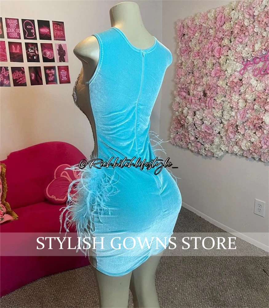 Sky Blue Short Prom Dress For Black Girl Silver Beaded Crystal Birthday Party Dresses Feathers Mini Cocktail Customized