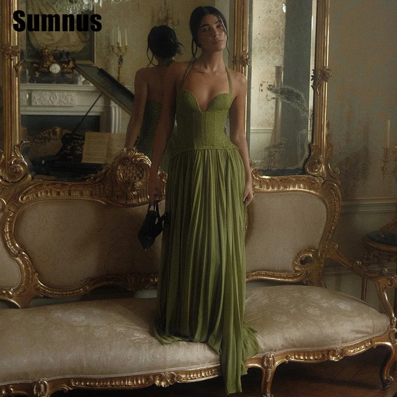 

Sumnus Elegant Straight Green Evening Dresses Draped Halter Sleeveless Formal Dresses Women فساتين سهرة Customized