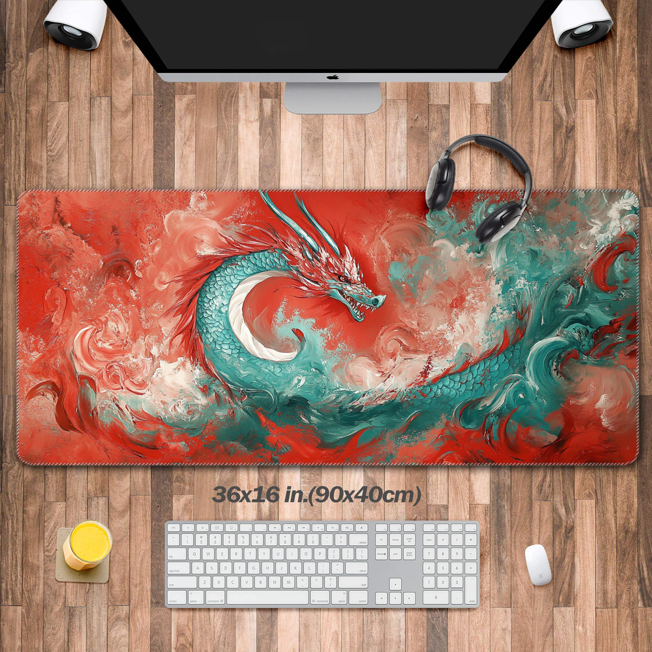 

Oriental Dragon Captured in An Abstract Art,Japanese Style Mouse Pad,Crimson and Teal Desk Mat for Gaming, Ukiyo-e, Keyboard Mat