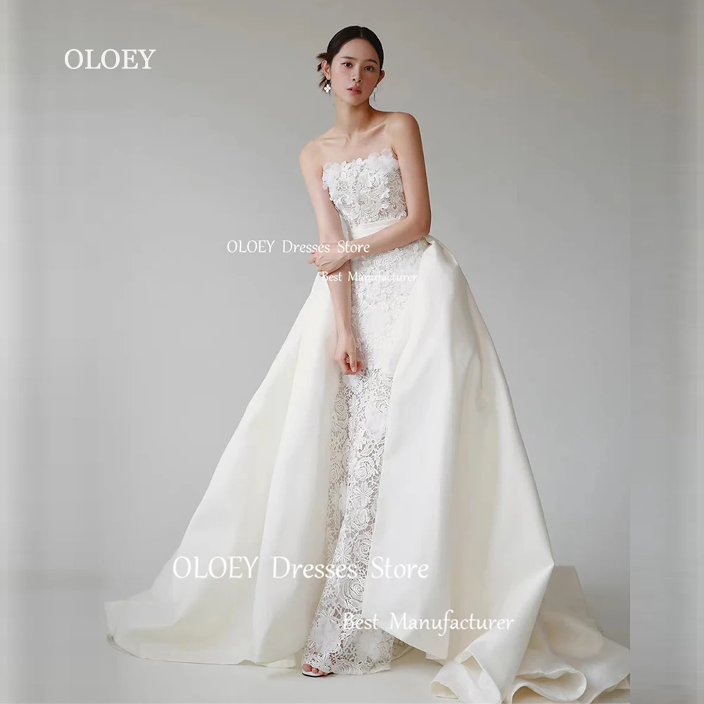 

OLOEY Exquisite Ivory Wedding Dresses Korea Photoshoot Strapless Lace Bridal Gowns Floor Length Sweep Train Sashes Custom Made