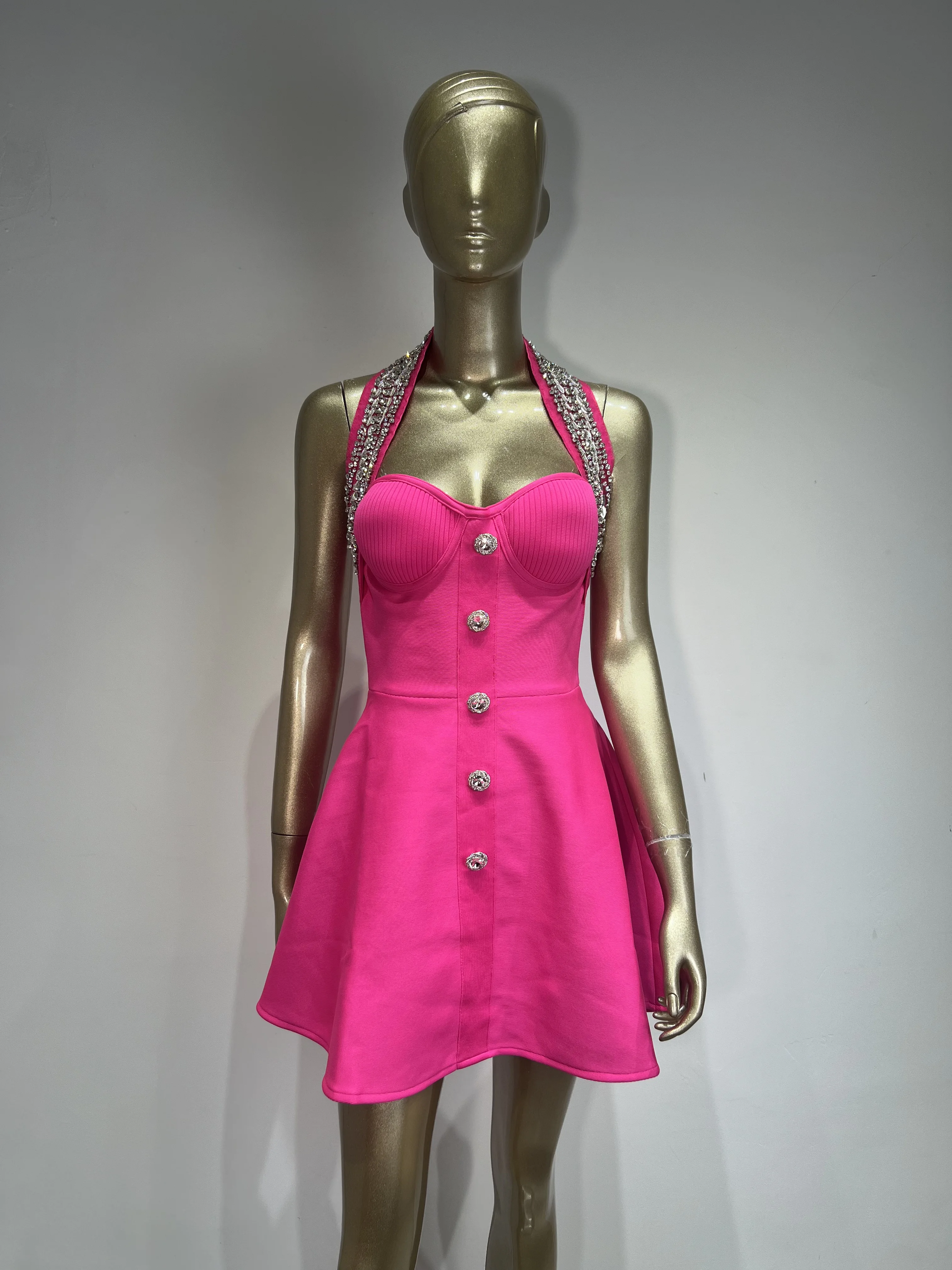 Vrouwen Celebrity Sexy Backless Halter Kristal Decoratie Mini Zwarte A-lijn Bandage Jurk 2024 Elegante Avond Club Feestjurk