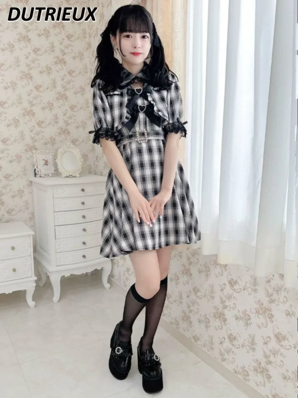 Rojita Plaid Fresh Tight Waist Doll Collar Double-Layer Hem Design Mid-length Dress Summer Sweet Short Sleeve Slimming Dresses