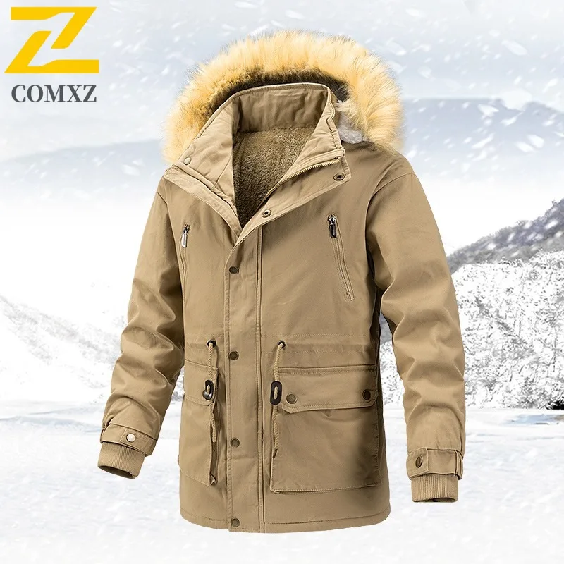 COMXZ Men's Thickened Fleece Lined Cotton Jacket Plus Size Winter Casual Outdoor Mid-Length Warm Coat Warm tactics windbreaker