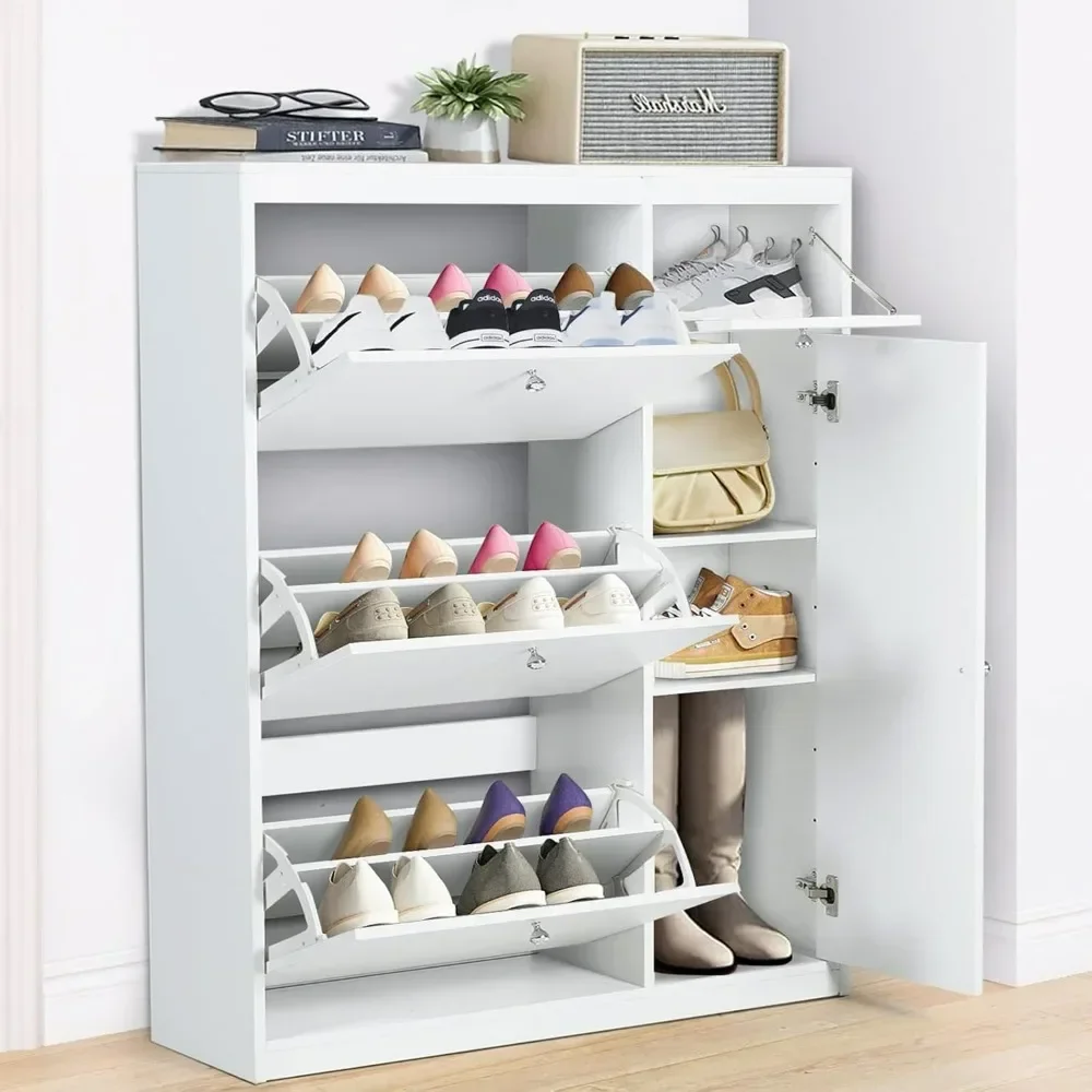 Modern entrance white shoe cabinet, large hidden shoe storage cabinet with door and 3 reversible diamond drawers