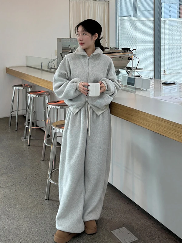 Setelan Bulu Domba Fce Dua Sisi Wanita Korea, Pakaian Musim Dingin Modis, Setelan Dua Potong, Hangat, dan Trendi