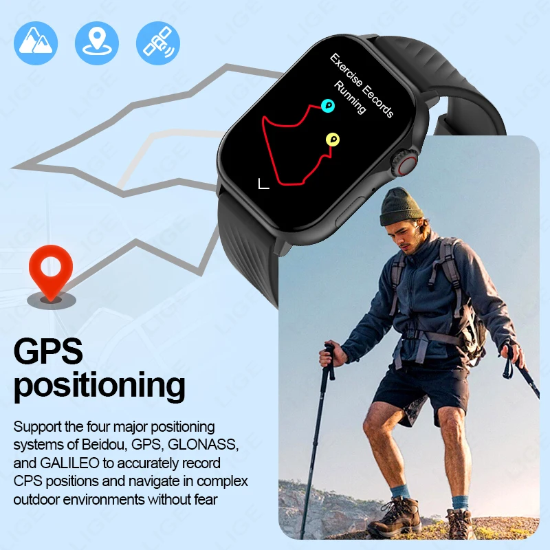 LIGE GPS Smart Watch 2.13-Inch HD Full Color Screen 100+Sports Mode Smartwatch GPS Motion Tracking Heart Rate Monitoring Outdoor
