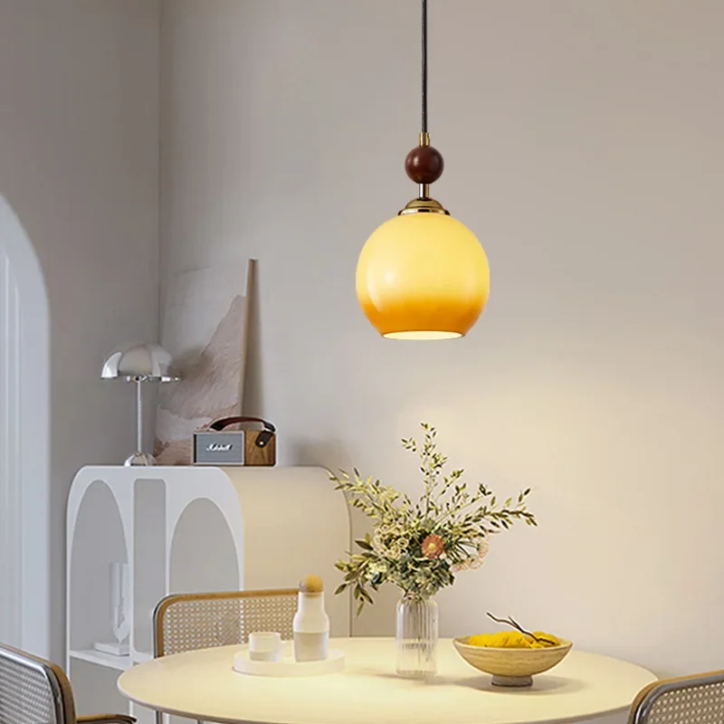 

Vintage LED Glass Pendant Light Walnut Wood Home Decor Hanging Lamp Bedroom Bedside Light Restaurant Dining Room Lampara techo