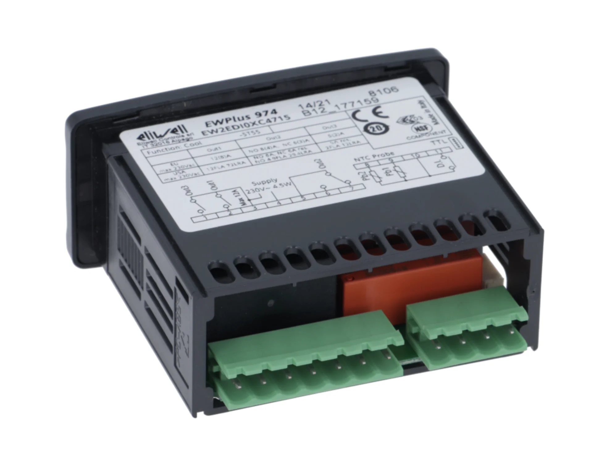 

электронный контроллер ELIWELL типа EWPlus 974 монтажные измерения 71x29 мм 230 В напряжение переменного тока NTC