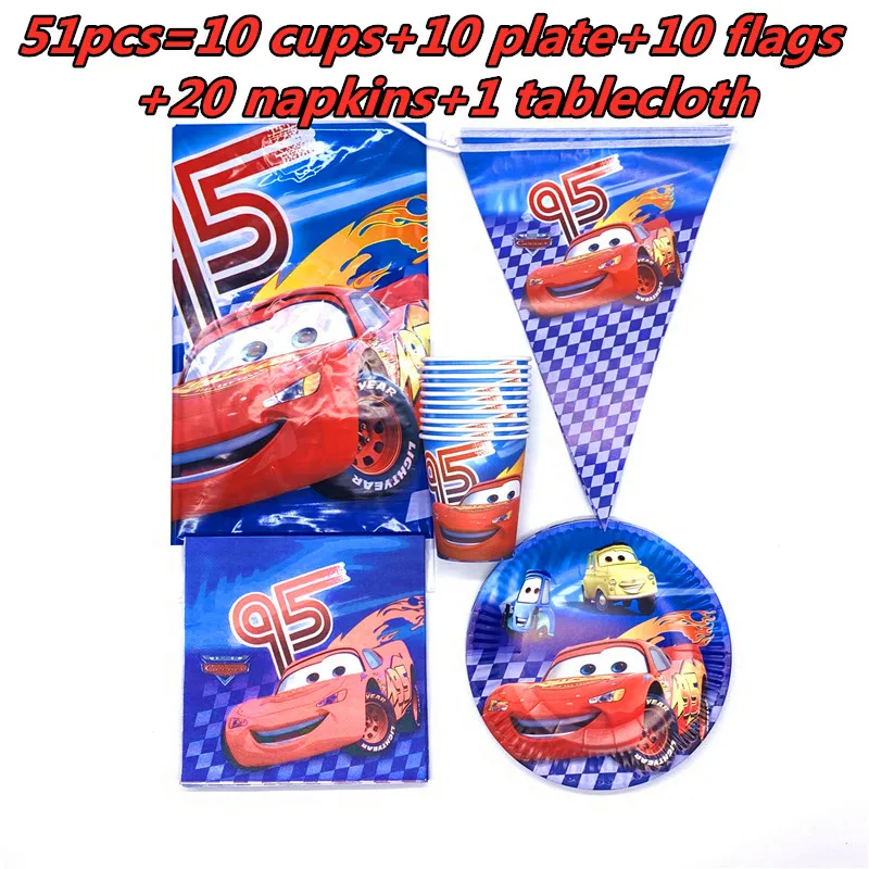 Disney Cars Birthday Party Decoration Children's Cartoon Light McQueen Theme Party Supplies Baby Shower Disposable Tableware Se